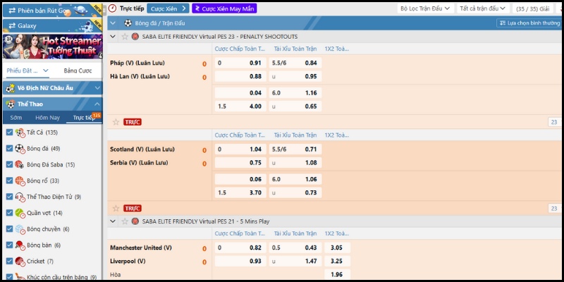 SABA Thể Thao BJ88 có bảng kèo chất